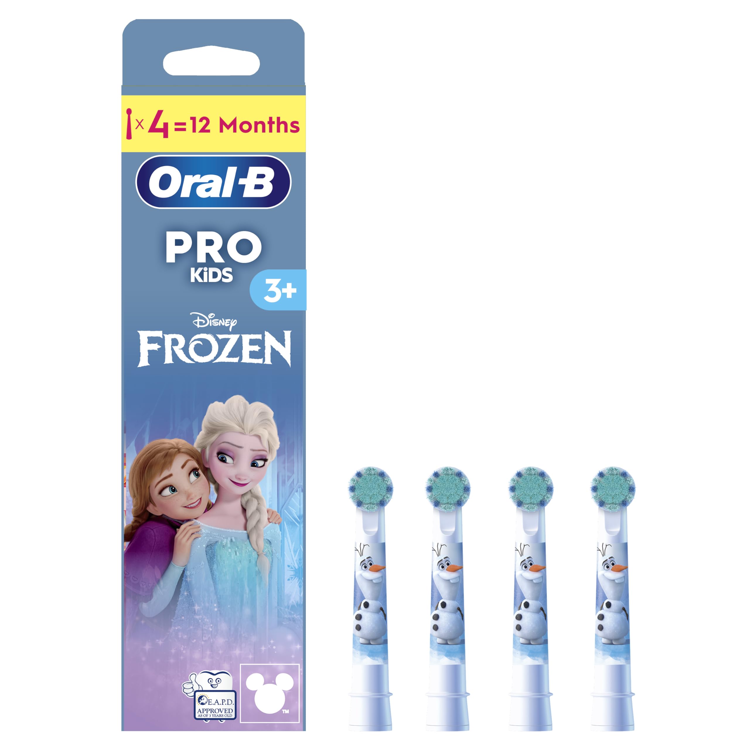 Oral-B Pro Kids Electric Toothbrush Head, Oral B Electric Toothbrushes Kids, with Disney Frozen Characters, Extra Soft Bristles, for Ages 3+, Pack of 4 Toothbrush Heads, White