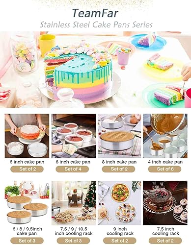 Miniatura 7 de TeamFar Juego de 5 moldes redondos de acero inoxidable para tartas, de 4 a 6 a 8 pulgadas, 9.5 a 11 pulgadas, saludables y resistentes, acabado