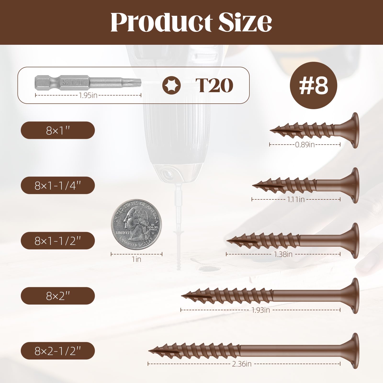 Tornillos de madera exteriores de alta calidad, #8 x 1-1/2 pulgadas, tornillos multiusos para proyectos al aire libre, broca T-25 Star incluida, marrón bronce, 5 libras