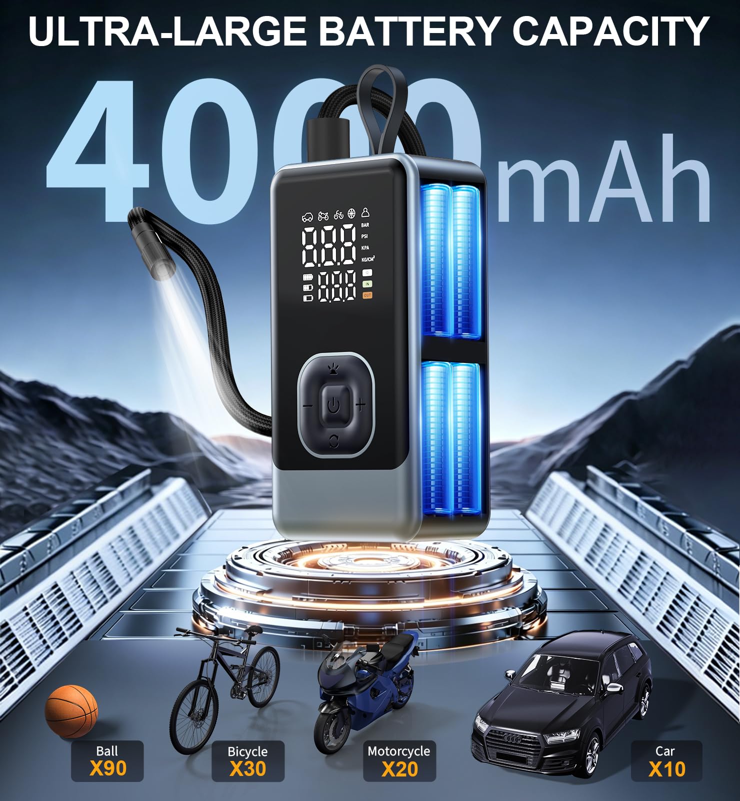 Compressore d'aria per gonfiaggio pneumatici, 150 psi, portatile, senza fili, con manometro digitale, spegnimento automatico e luce LED, pompa elettrica ricaricabile per auto, moto, bicicletta