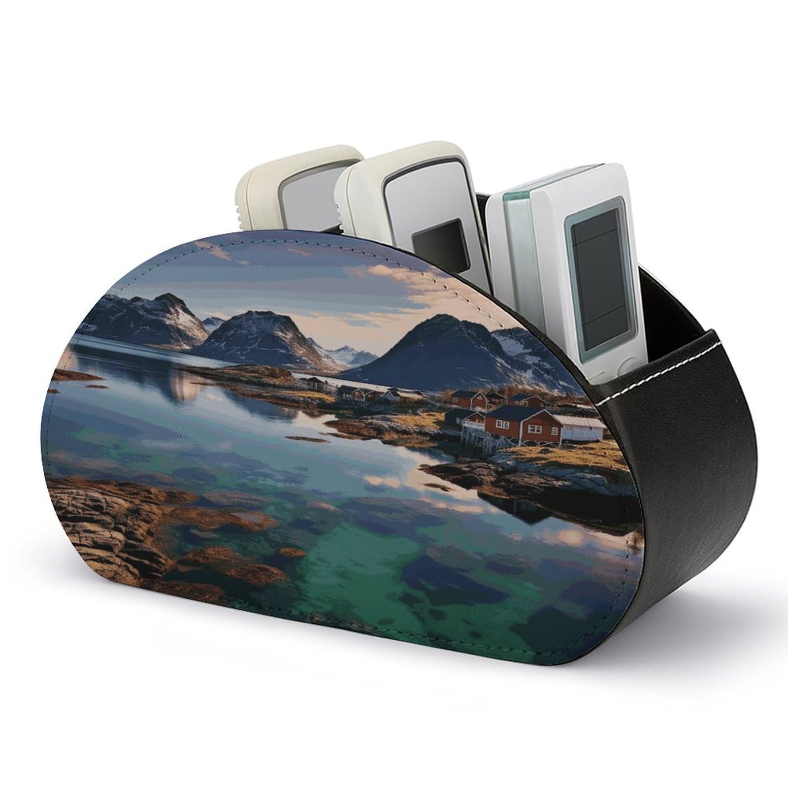 LZQPOEAS Norway Islands Remote Control Holder with 5 Compartments PU Leather Remote Organizer Box Caddy for Table Nightstand Remote Caddy Desktop Organizer Fits Media Controllers