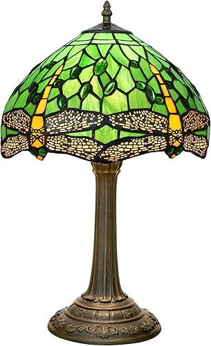Tiffany - Lámpara de mesa de cristal de libélula verde, 12 x 12 x 18 pulgadas, estilo libélula verde, luz de lectura, decoración al lado del