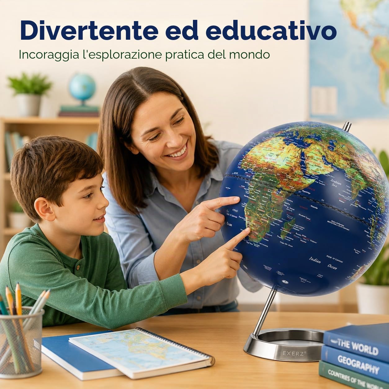 Exerz Mappamondo 25cm - in Inglese - con una base in acciaio inossidabile - Educativo, Decorativo, Scuola - Blu