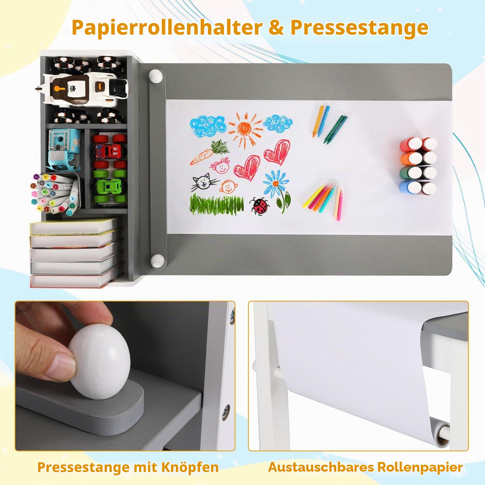 Clevich Kindertisch mit 2 Stühlen, Kindertisch mit Stauraum, Kinder Tisch Stuhl Set Holz,Maltisch Schreibtisch mit Papierrolle, 4 Aufbewahrungskiste,Kindersitzgruppe Kindertagesstätte,Grau