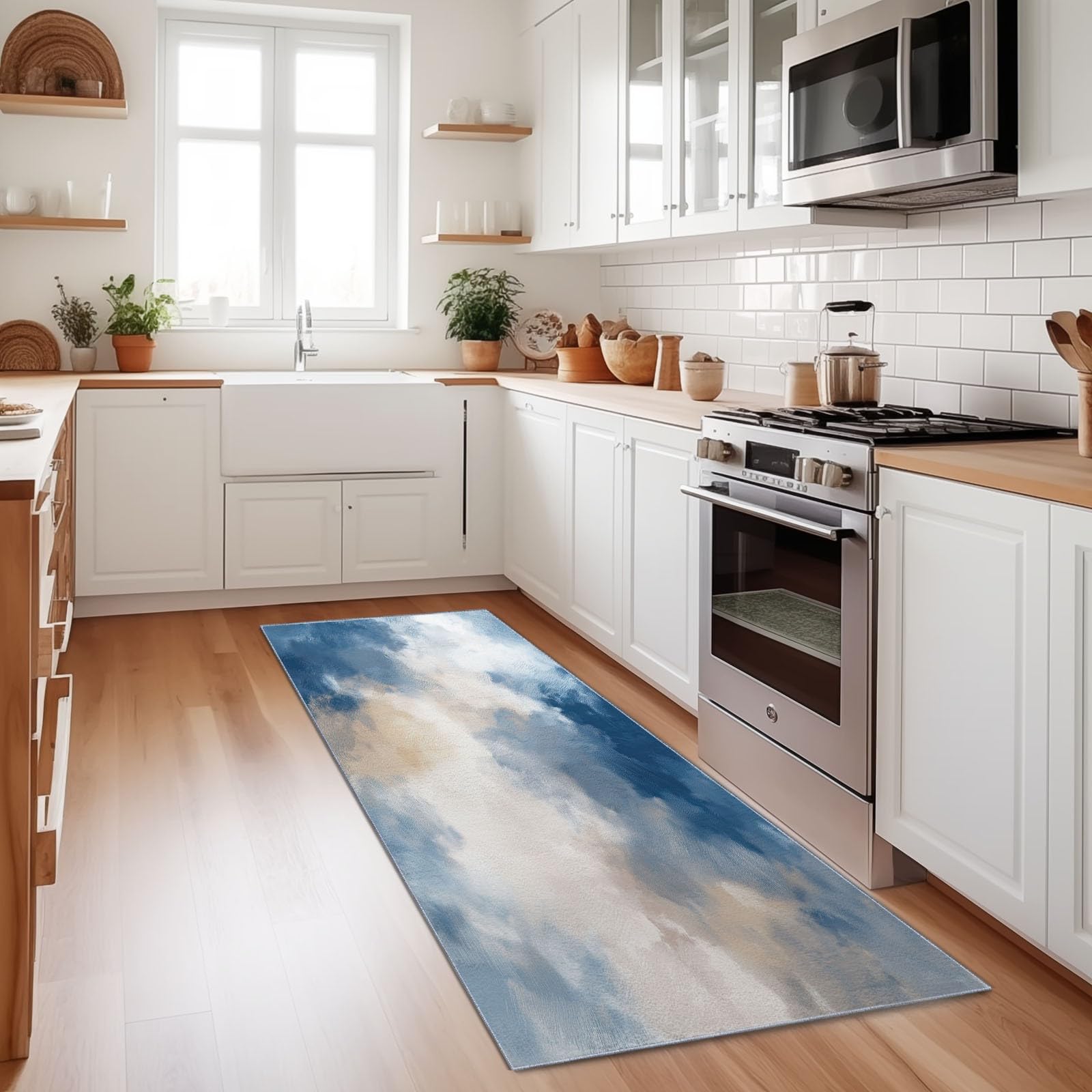 Długi dywanik do przedpokoju 65 x 240 cm, krótkie włosie antypoślizgowy dywan do drzwi pralni, abstrakcyjny akwarela tie-dye kolorowe klocki długie miękkie wejście do wnętrz sypialni i salonu