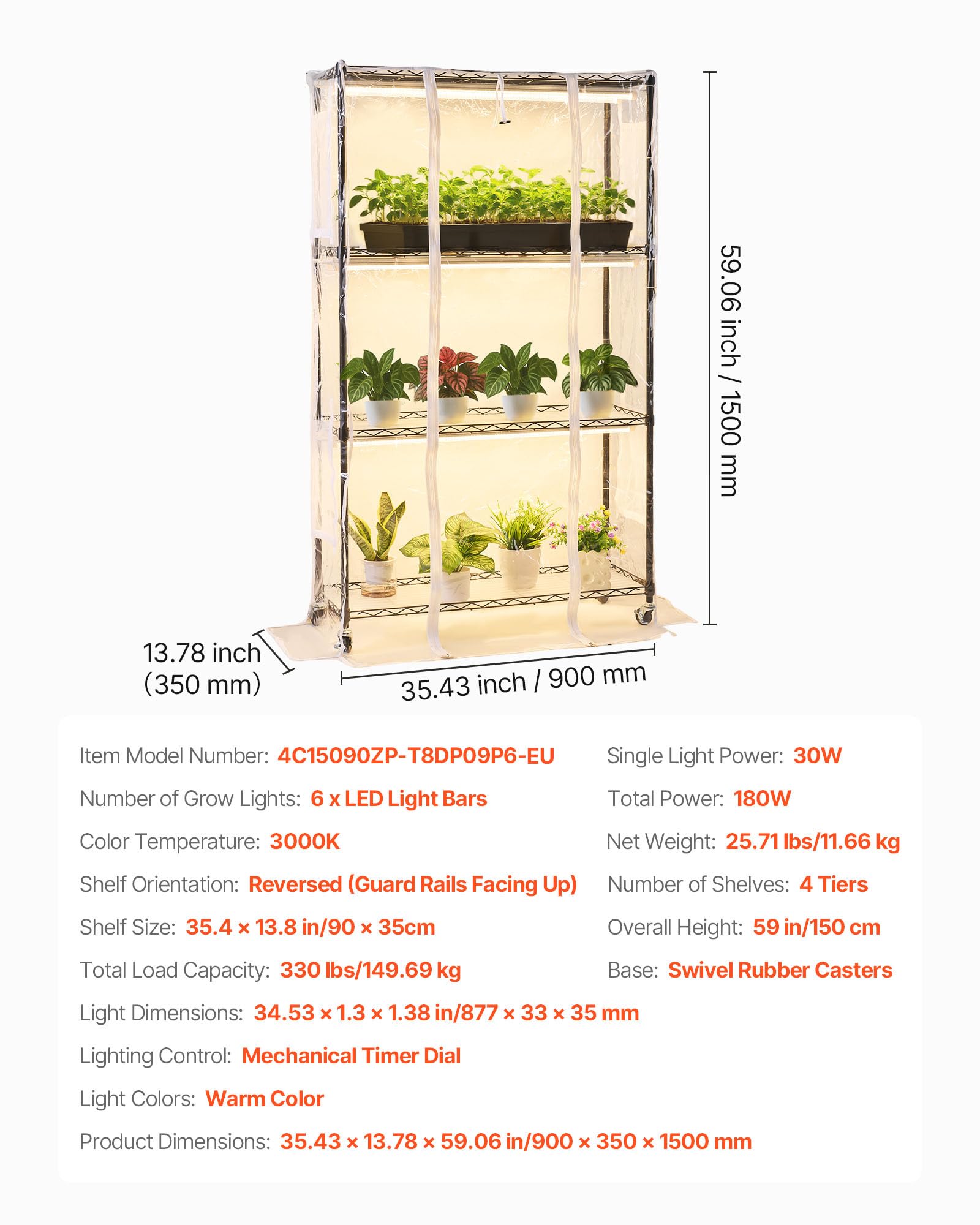 VEVOR Pflanzenregal mit Wachstumslicht, 4-stufiger Pflanzenständer mit transparenter Abdeckung, Timer & Hygrometer, 180W Vollspektrum-Lichter, Blumenregal für Zimmerpflanzen 90x35x150 cm