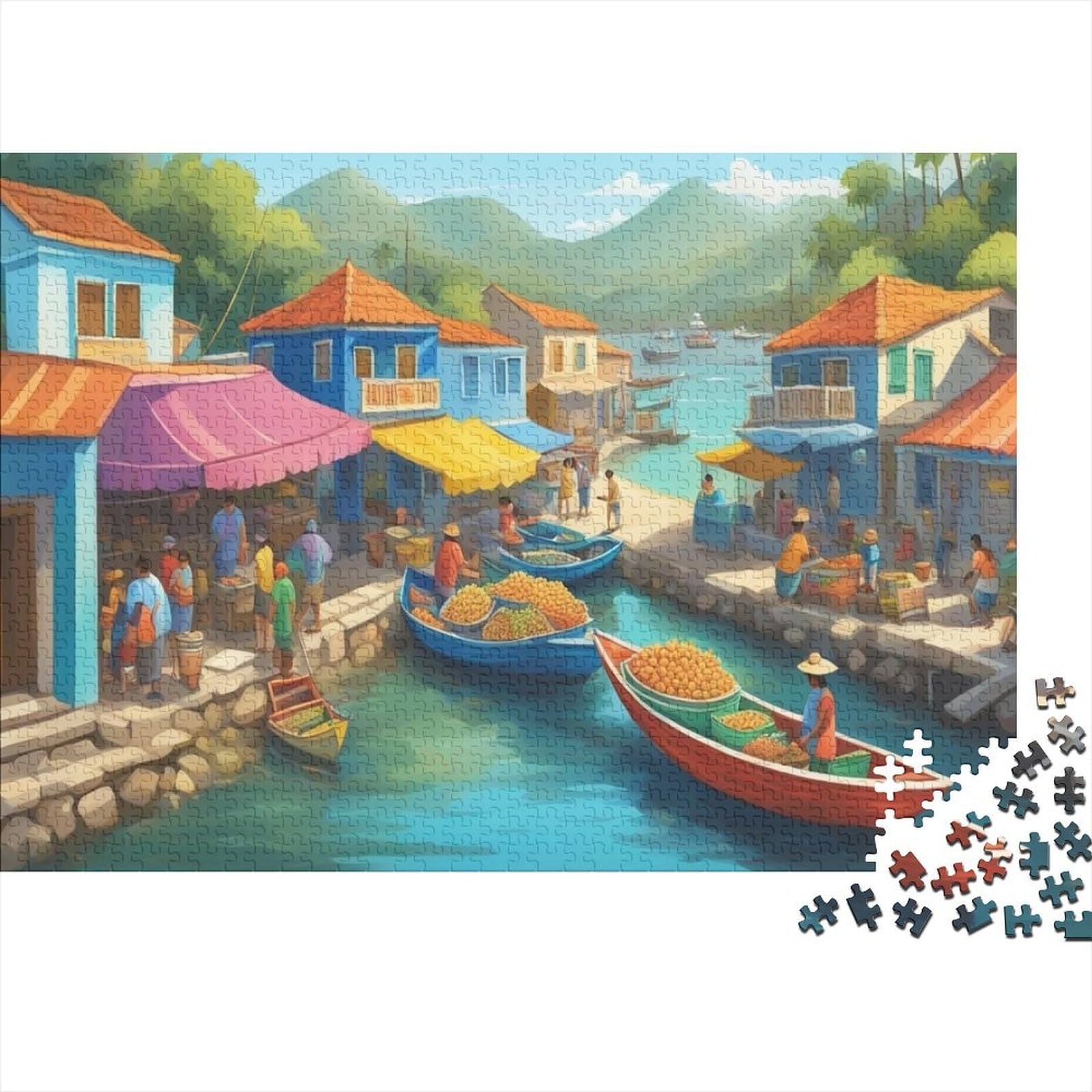 Canal Market 1000 Piece Jigsaw Puzzle Recycled Paper Tropical Town Adult Jigsaws Impossible Hard Difficult Challenging Relieve Senile Dementia Fun 38x26cm/1000pcs