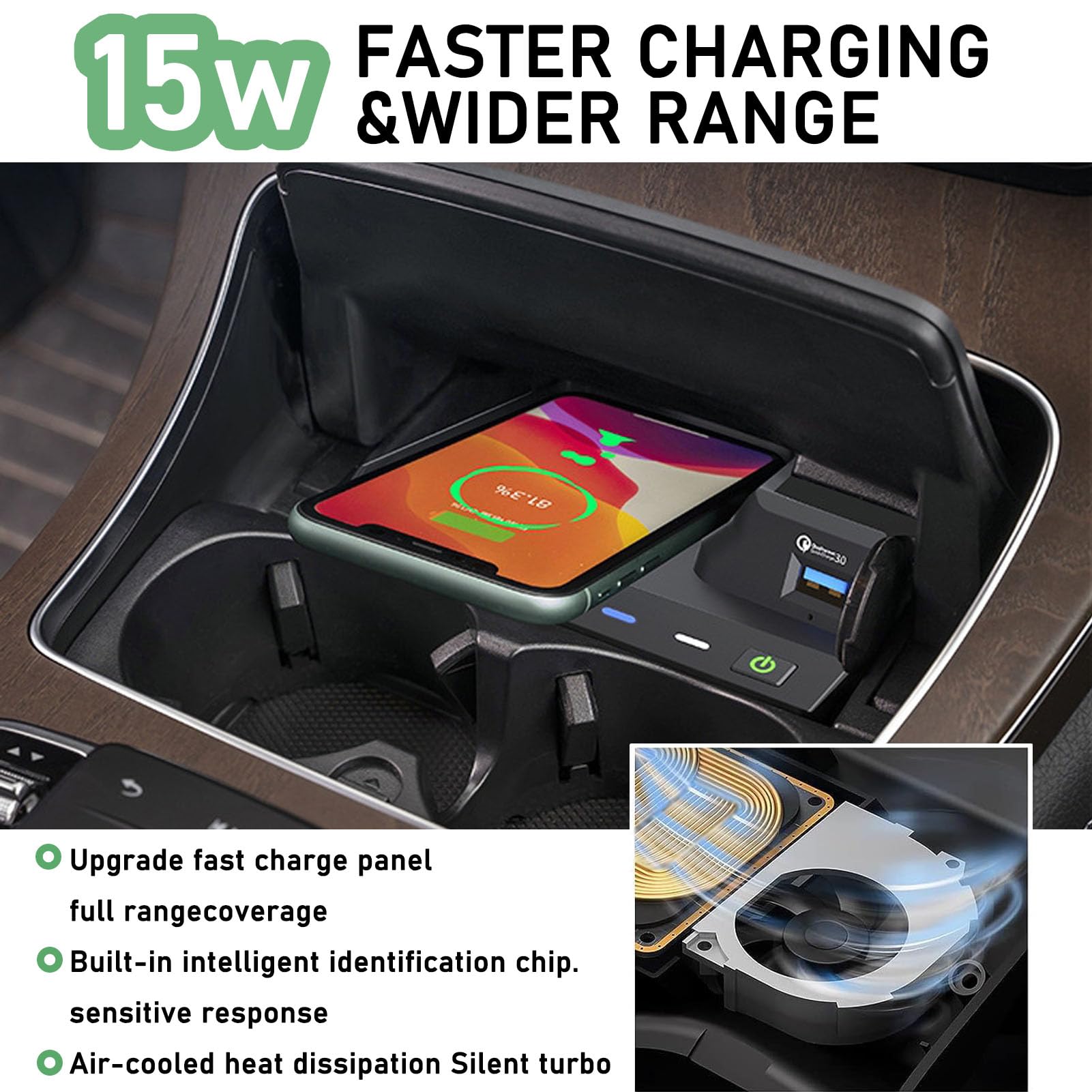 Caricatore Wireless Per Auto per Mercedes Benz Classe C Glc (2015-2022) Tutti I Modelli Con Sistema Di Raffreddamento A Doppio Canale D'aria Accessori Di Aggiornamento A Carica Rapida Da 15 W