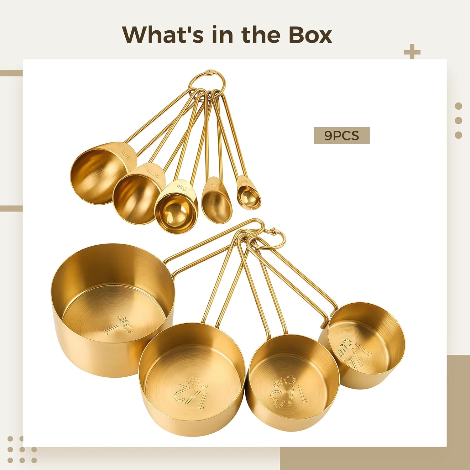 With Clear Scale, Gold Color, Stainless Steel, 9 Pcs Measuring Cups And Spoons Set, Including 5 Measuring Spoons And 4 Measuring Cups For Cooking, Coffee Measuring And Baking