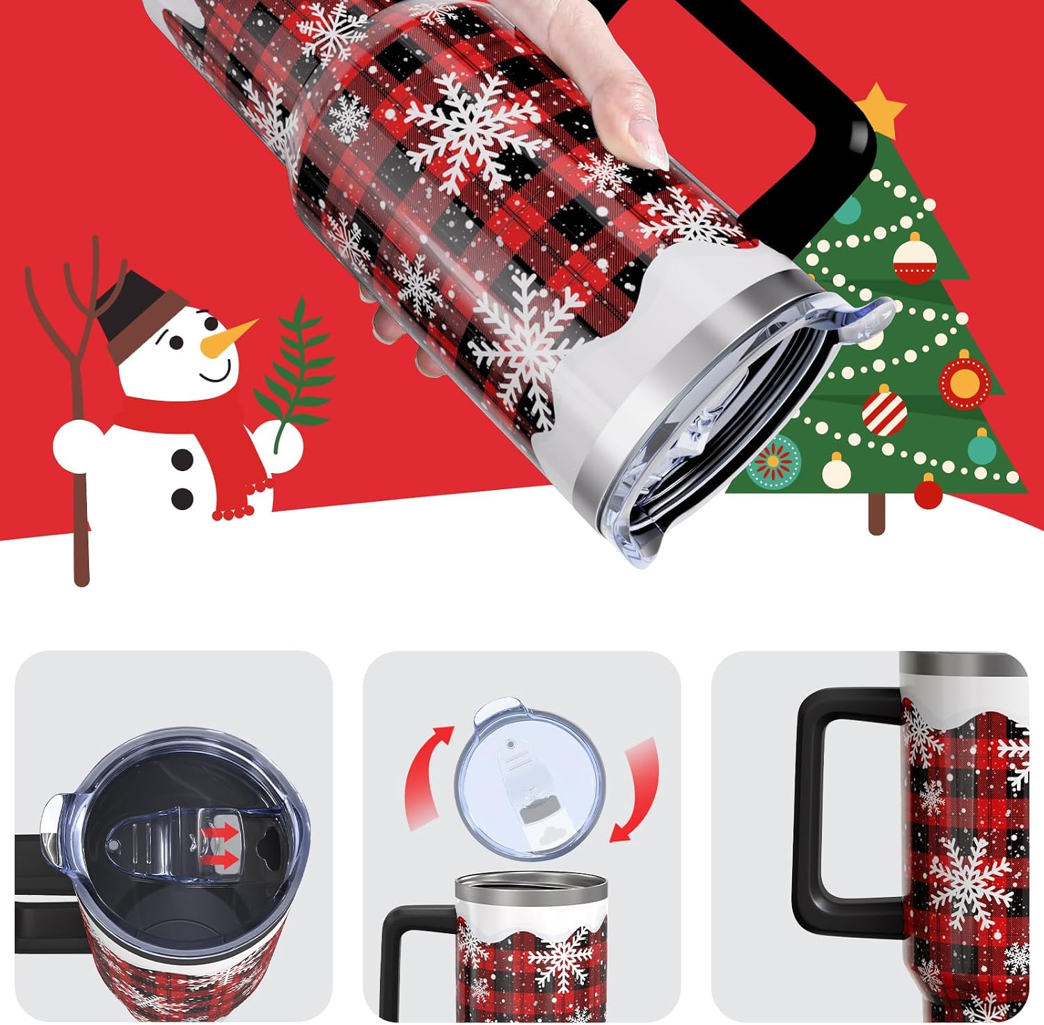 Christmas Red Buffalo Plaid Gifts for Women Men, White Snowflake Stainless Steel Insulated Travel Coffee Cup, 40 Oz Tumbler with Handle and Straw, Winter Holiday Water Bottle (1 PC)