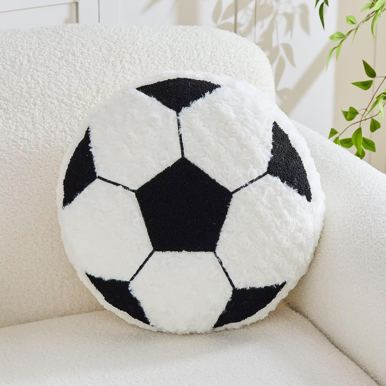 Soccer Pillow Football Round Cushion Soft Fluffy Soccerball Decorative Plush Pillow for Room Decor (Black, 15.7 Inch)