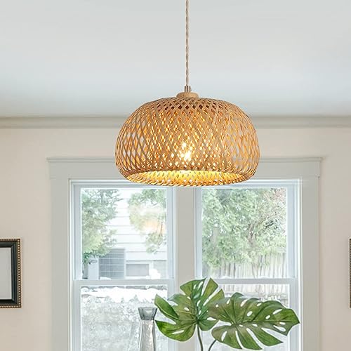 Miniatura 3 de Lámpara colgante de bambú con una sola luz, cesta bohemia ajustable, hecha a mano, tejida a mano, iluminación colgante para cocina, isla, fregadero,