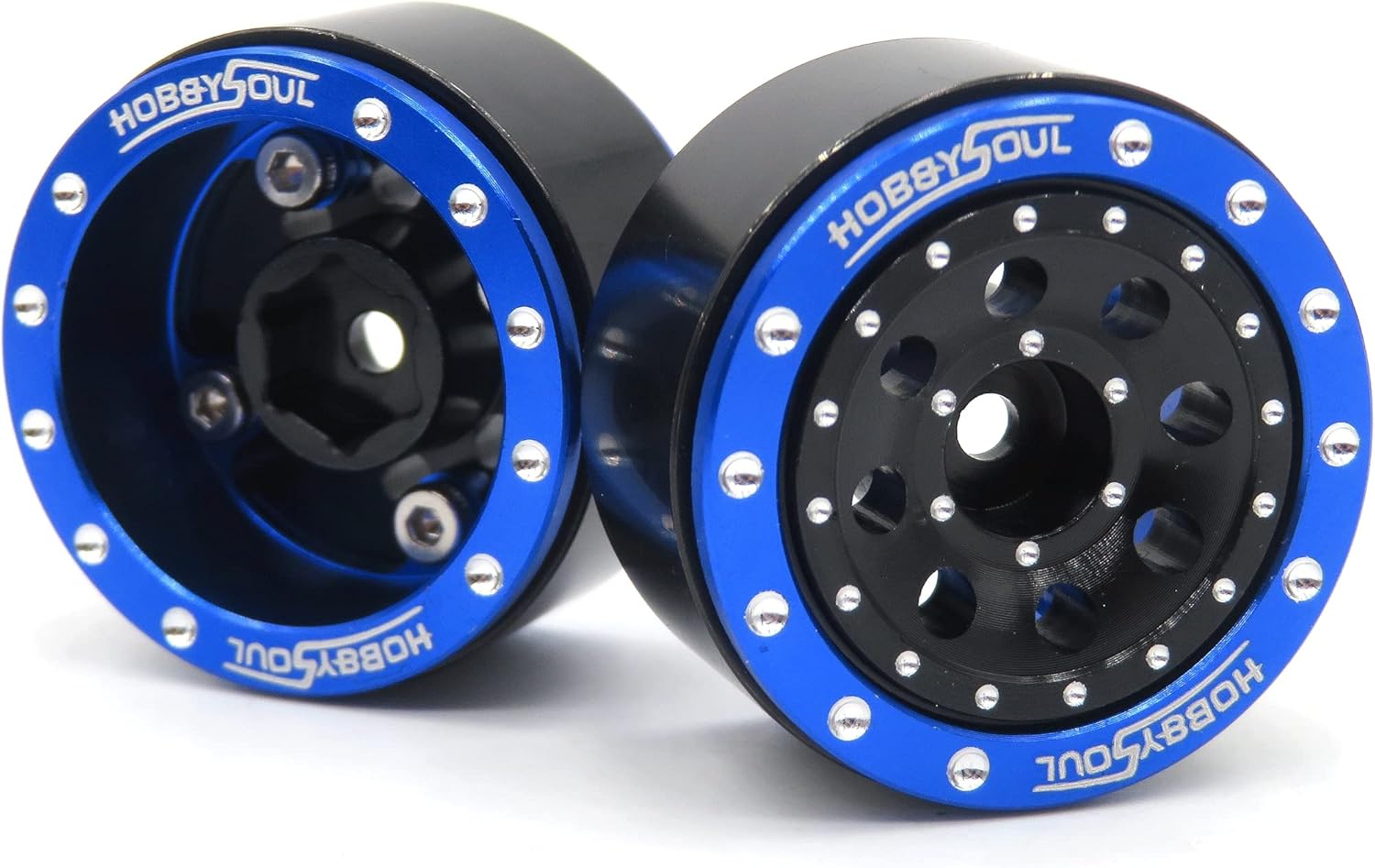 HOBBYSOUL Adjustable Offset 1.0 Beadlock Wheels Blue Black, Heavy 1.0 RC Crawler Rims Weight 21g/Rim 7mm Hex Rims for Axial SCX24 Crawler & Other 1/24 RC Crawler Car Truck, (4-Pack)