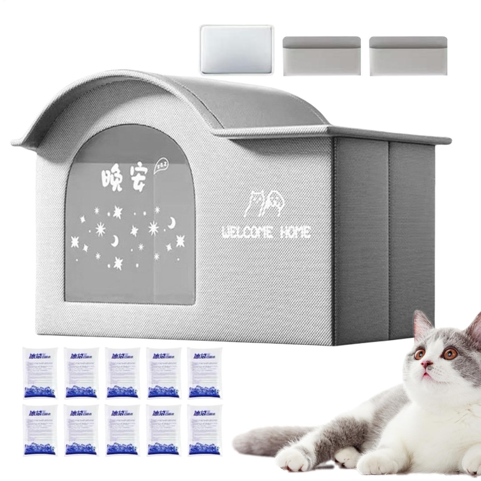 Katzen Kühlhaus, 42x40x30,5cm, Stoff Zusammenklappbares Kühlhaus, Mit 10 Kühlakkus, Kühlendes Und Faltbares Für Katzen Und Hunde, Für Junge Katzens