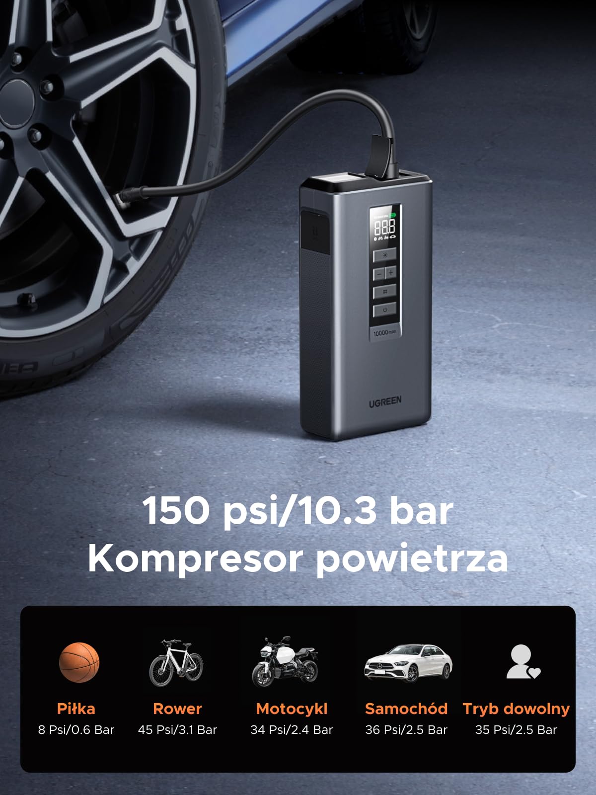 UGREEN 3 w 1 Powerbank 10000 mAh do samochodów z pompką | Ładowarka samochodowa 1000A, duża pojemność, 150 psi, akumulator samochodowy 12 V do benzyny i oleju napędowego, przenośna