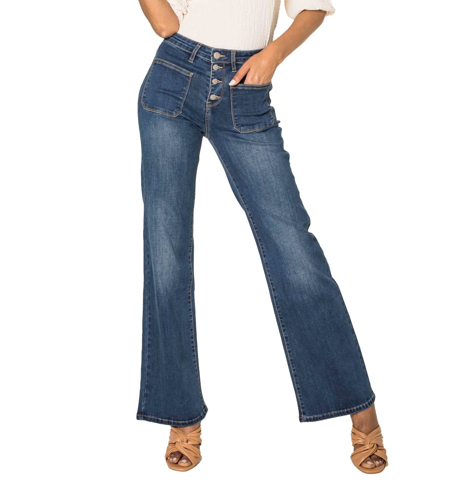 Nina Carter Flared Bootcut Jean pour Femme Taille Haute Évasé Vintage Effet Usé Stretch
