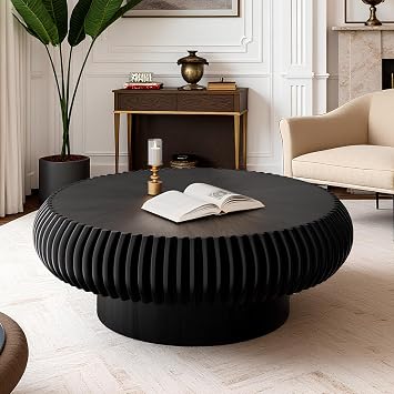 WXFKLDJ Round Fluted Coffee Table 31.5" Modern Wood Drum Coffee Table for Living Room Handcrafted Relief Center Table with Sturdy Pedestal Easy Assembly 31.5" Black