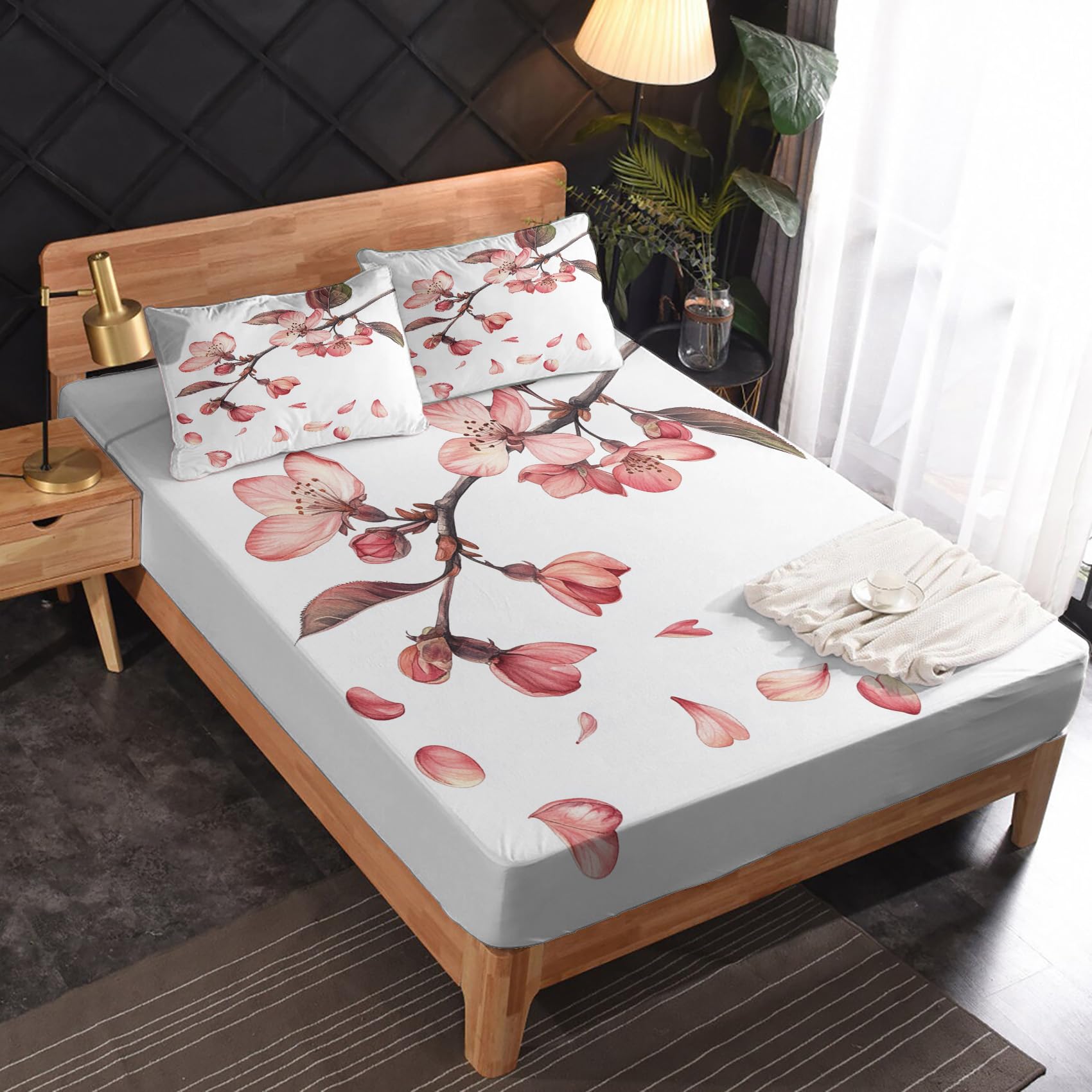 Zvynqour Cherry Blossom Sheets California King Size - Floral Bed Sheets - Deep Pocket Fitted Sheets & Flat Sheets & Pillowcases 4 Piece Set - Flower Bedding & Decor - Soft Cosy Microfibe