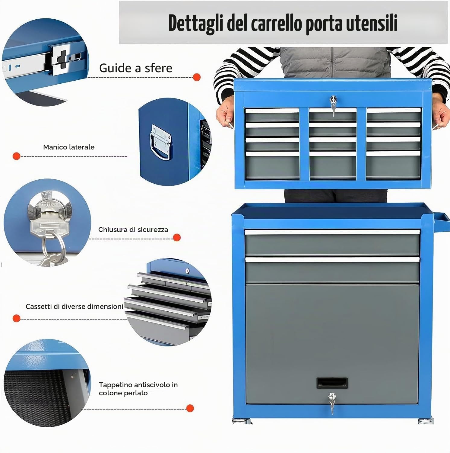 AIRAJ Carrello da Officina,8 Cassetti con Chiusura Centrale a Chiave,2 Ruote con Freno di Stazionamento/Piastra Laterale e Gancio,Professionale Carrello Portautensili,Adatto per Garage