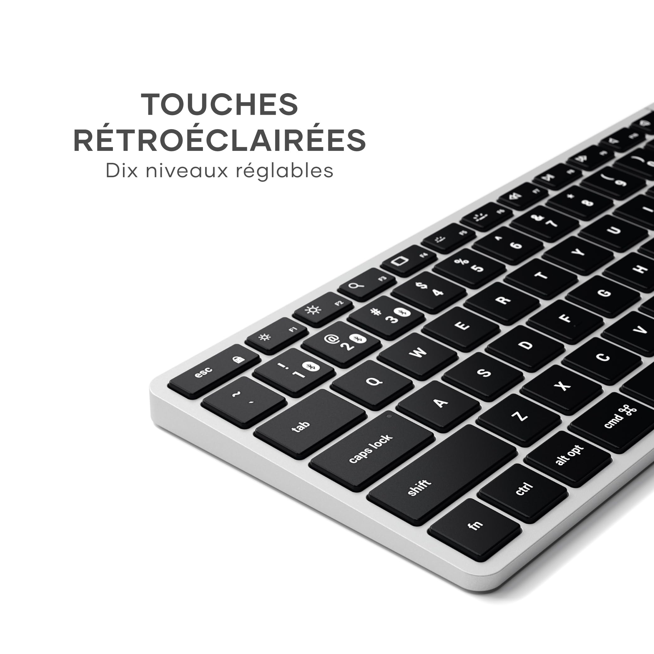 Satechi Clavier sans Fil Bluetooth X1 QWERTY US, Rétroéclairé, Argent | Distribution Américaine, multi-appareils, rechargeable, aluminium, touches rétroéclairées, pour MacBook, Windows et plus