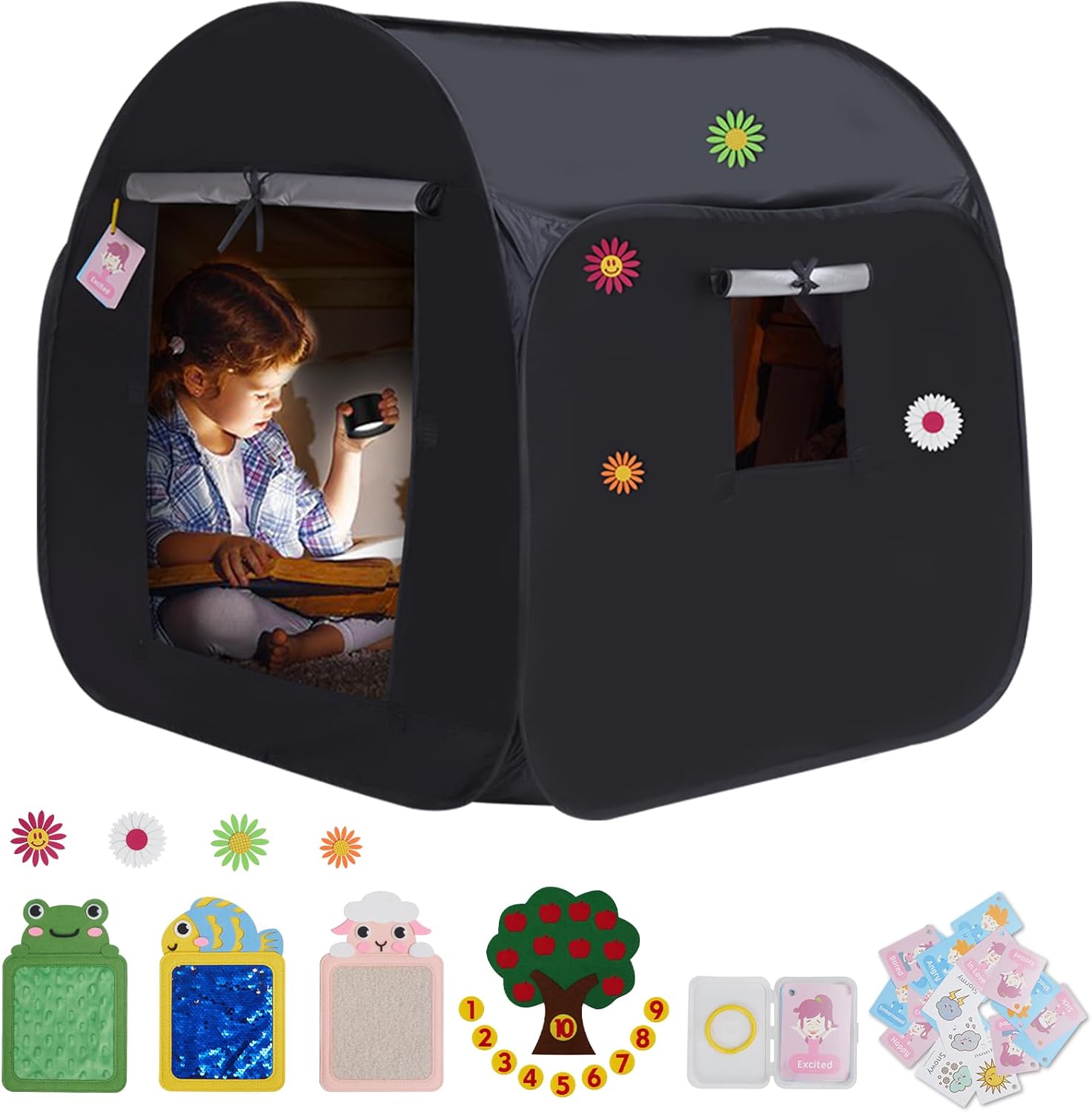 Kids Pop-up Sensory Tent, Foldable Blackout Tent for Children with Autism and ADHD, Calm Corner with Cognitive Toys Included, with Mesh Windows， Ideal for Kids with Special Sensory Needs