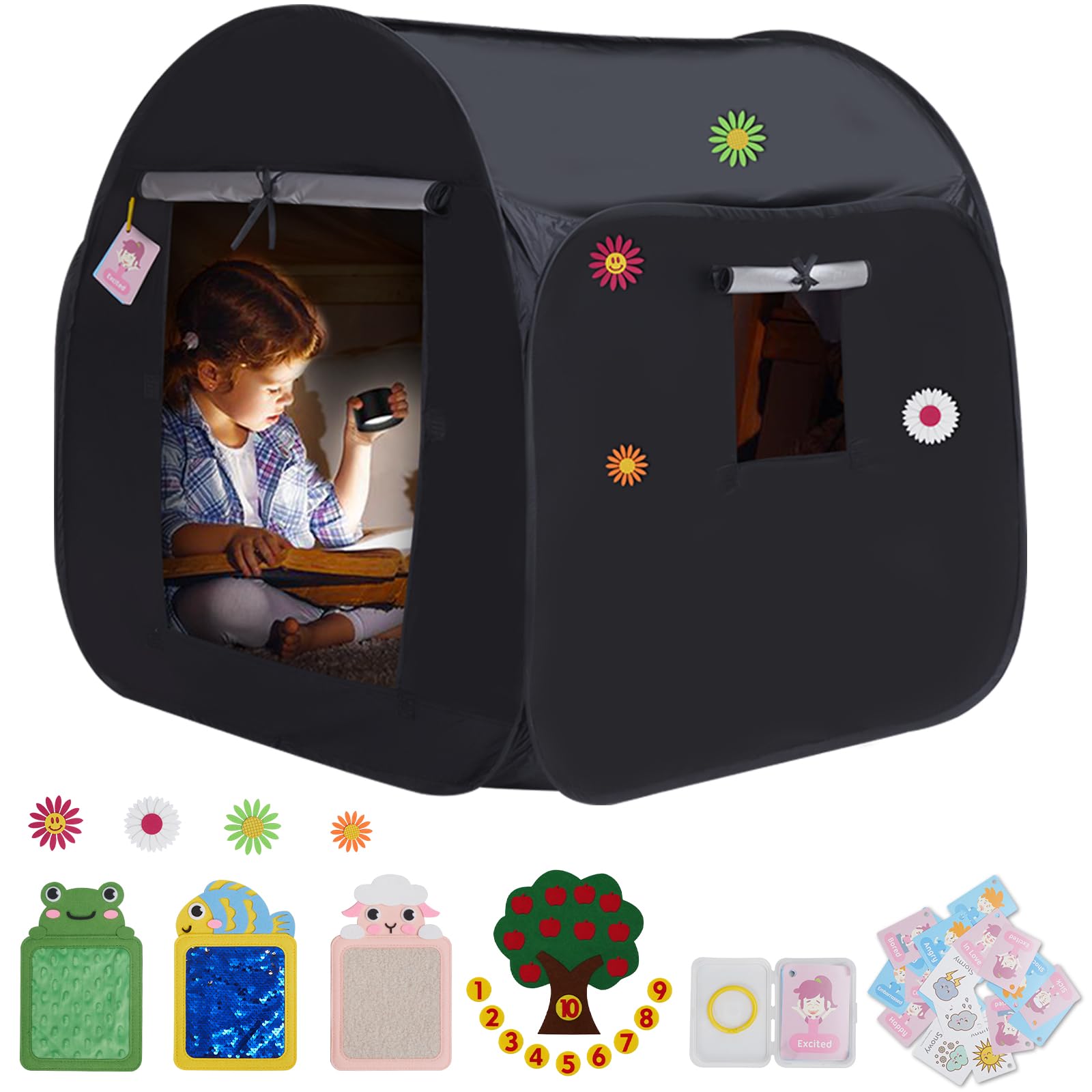 Kids Pop-up Sensory Tent, Foldable Blackout Tent for Children with Autism and ADHD, Calm Corner with Cognitive Toys Included, with Mesh Windows， Ideal