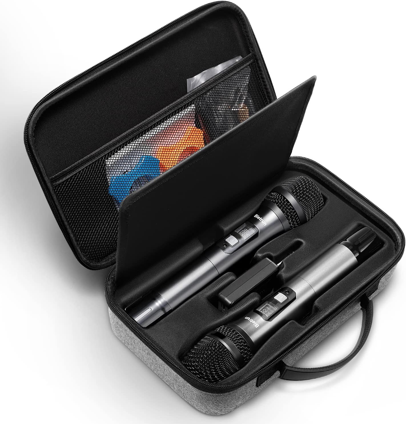 Bietrun Portable Microphone Storage Case open, showing two microphones, a receiver, and a mesh pocket in the lid for accessories