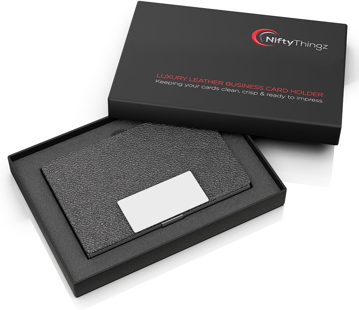Business Card Holder by Niftythingz. Black Leather/Stainless Steel Card Case. Gift Box Included.