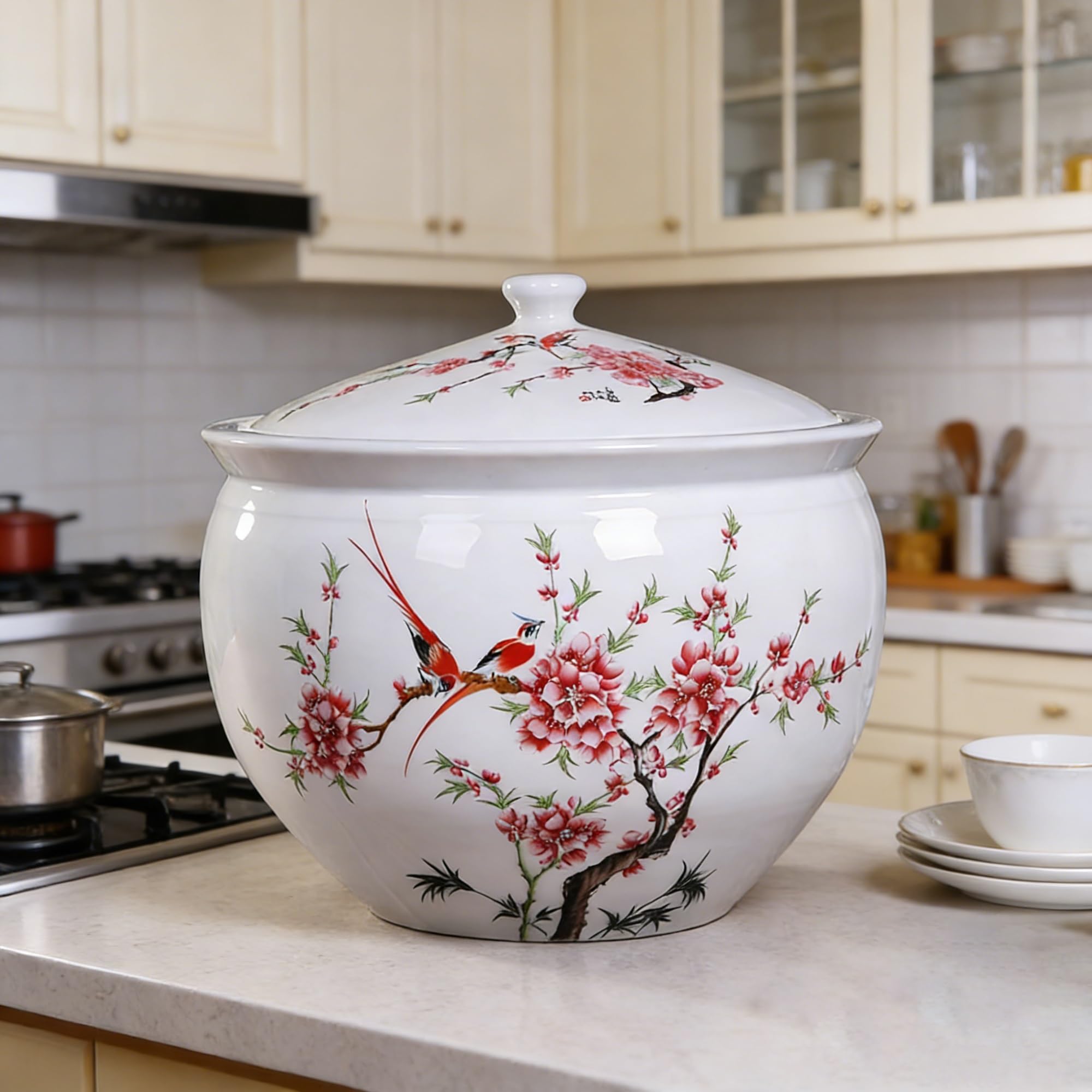 MMleYN 5/10KG Ceramic Rice Bucket With Lid Airtight Grain Dispenser Multi-Purpose Storage Container For Rice Coffee Nuts Snacks Tea Kitchen(G,5kg)