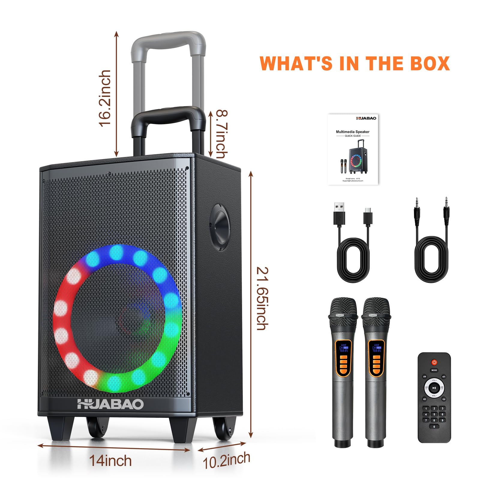 Altavoz Bluetooth Grande para Karaoke con 2 micrófonos inalámbricos, Sistema de 11 Altavoces con batería de 8800 mAh, Sistema PA con Ruedas y Luces, Mando a Distancia, FM/AUX/USB/TF, Graves y Agudos