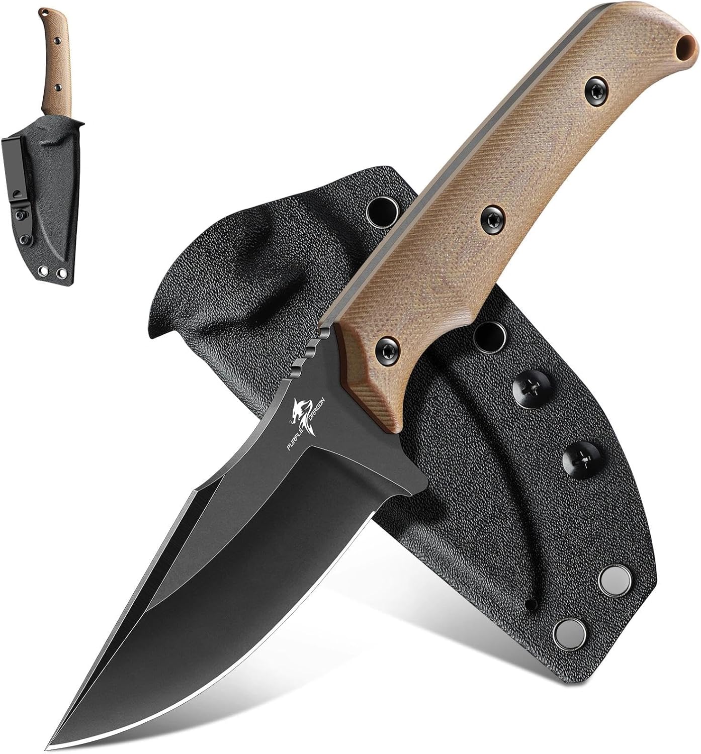 Purple Dragon Fixed Blade Knife - Full Tang Hunting Knife Forged from a Single Piece of D2 Steel - Camping Knives with G10 Handle and Kydex Sheath - Outdoor Gift for Men - Gray