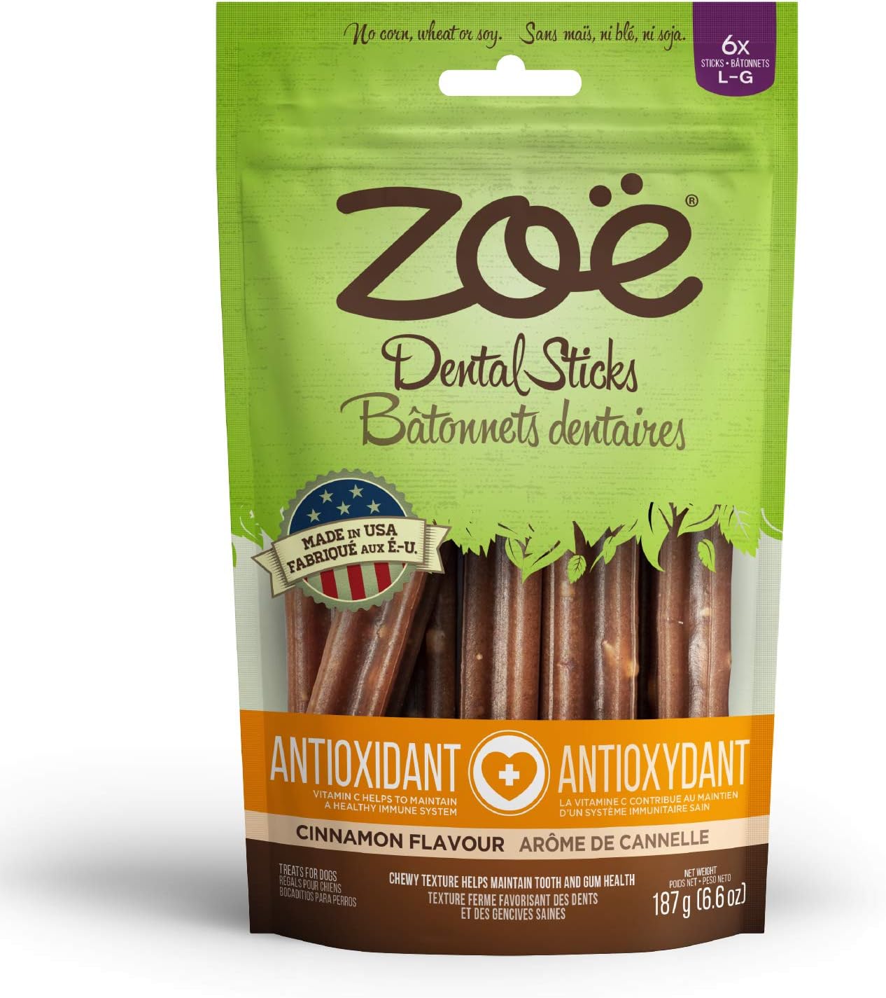 Zoe Dental Sticks for Dogs, Antioxidant, Large, Cinnamon Flavor, 6.6 oz