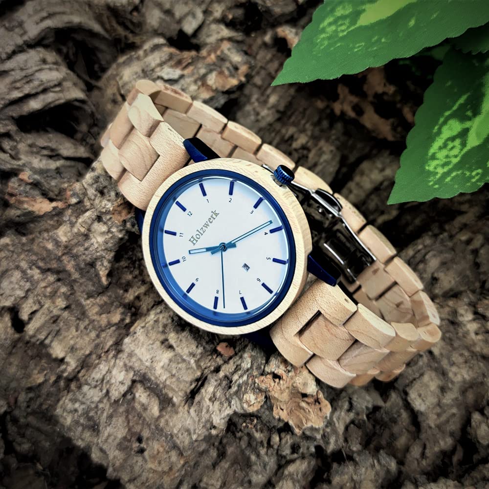 Ręcznie wykonany drewniany mechanizm Germany® Designer Unisex zegarek damski Eko Naturalny Drewno Zegarek na rękę Analogowy Klasyczny Zegarek kwarcowy Brązowy Klon Niebieski Biały