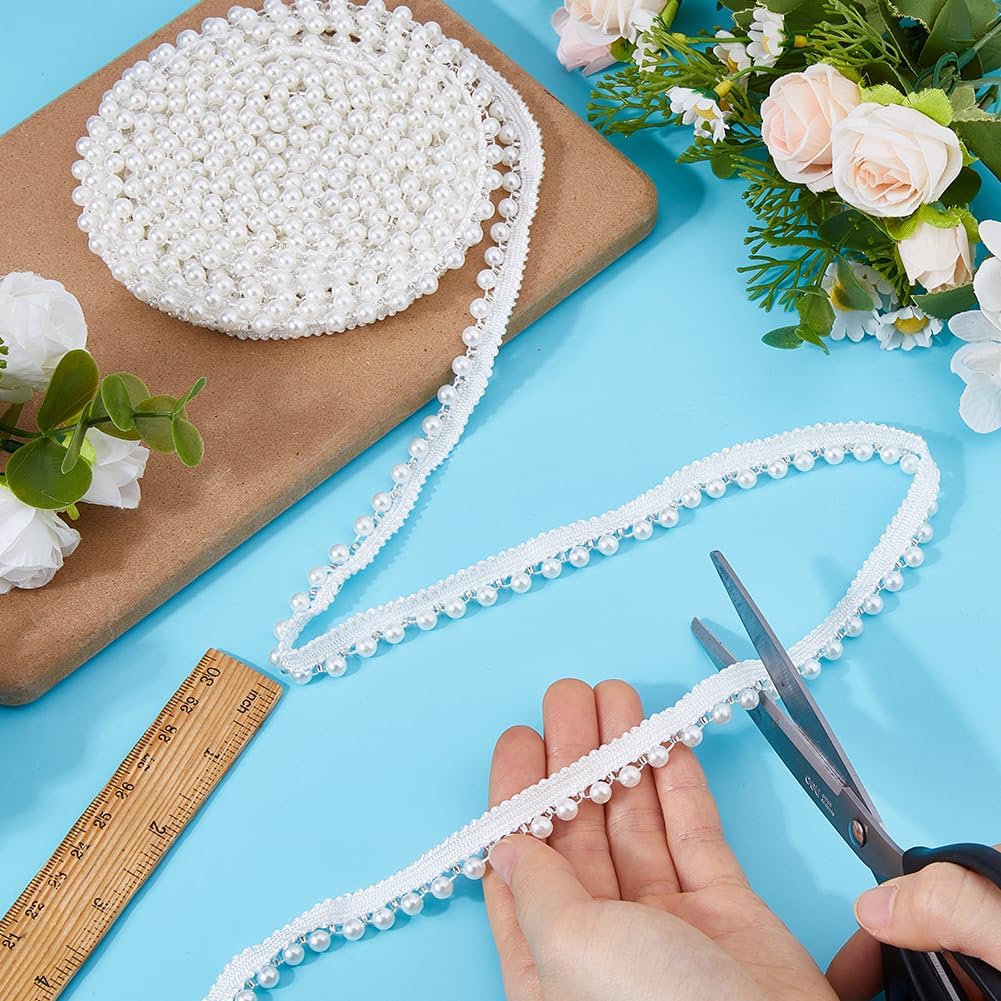 100 Yards White Polyester Lace Trim with Attached Plastic Pearl Beads Decorative Ribbon for Adult Clothing Embellishment Dressmaking Costume Design and Special Occasion Accessories