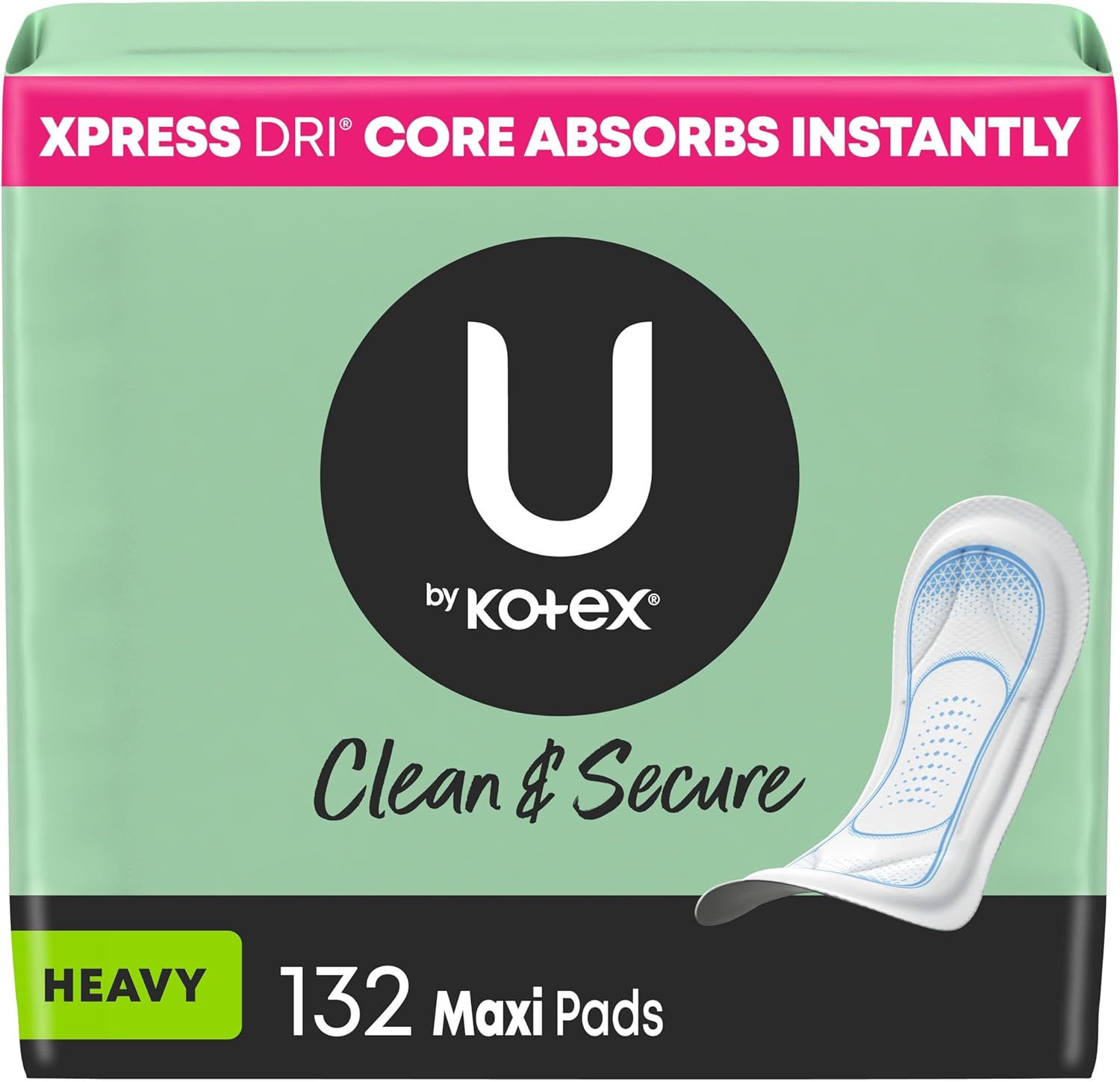 U by Kotex Clean & Secure Maxi Pads, Heavy Absorbency, 132 Count (3 Packs of 44) (Packaging May Vary) Heavy Absorbency 132