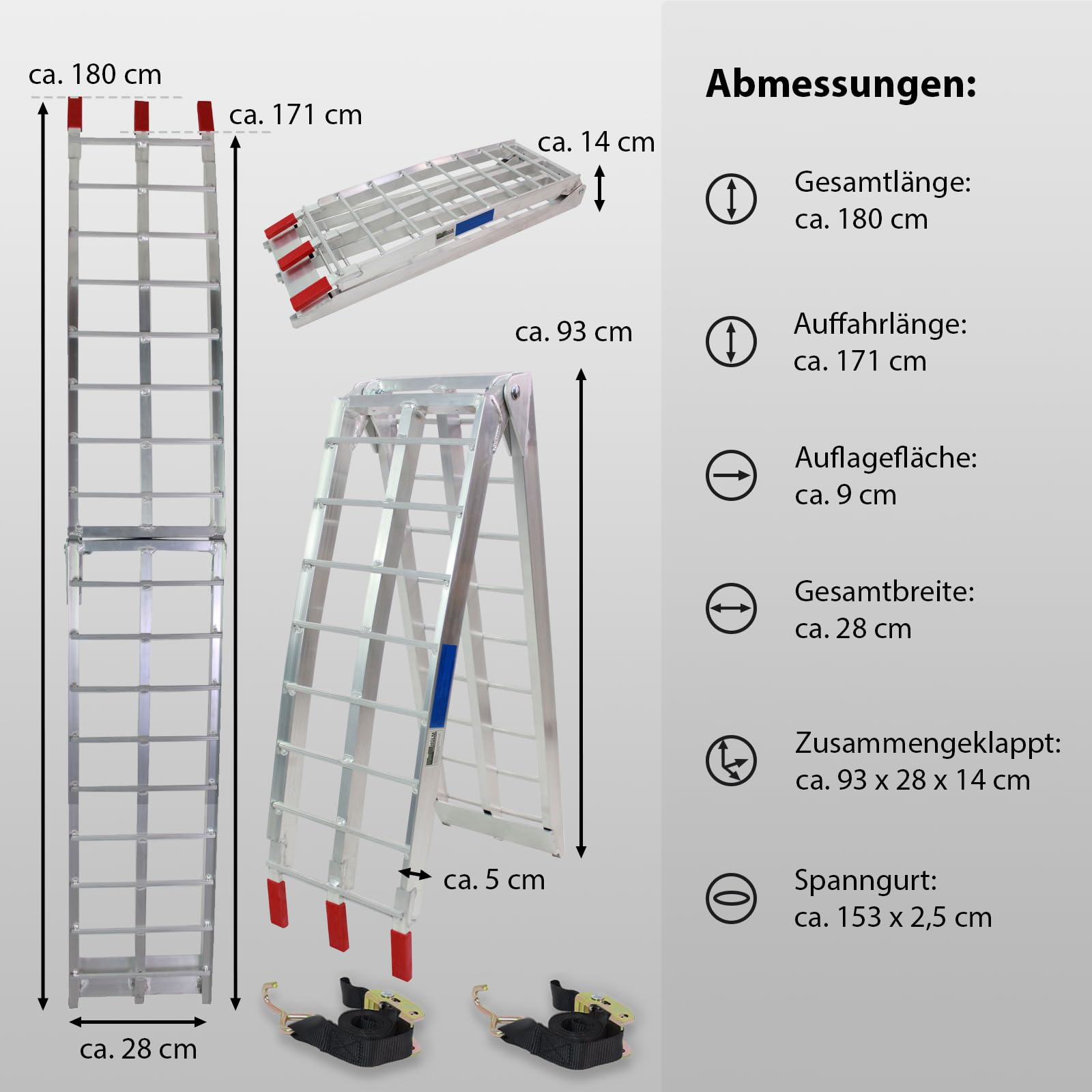 TRUTZHOLM 2 x Auffahrrampe klappbar 180 cm Traglast 680 kg Alu grau geriffelte Einzelstäbe Verladerampe