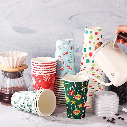 Miniatura 4 de Umigy 120 tazas de café de Navidad con tapas, vasos de papel desechables de 16 onzas para café festivo con tapa para bebidas, tazas de Navidad para