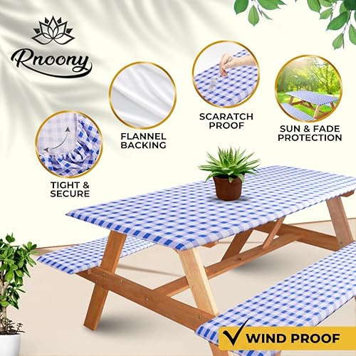 Miniatura 19 de RNOONY Funda de mesa de picnic de poliéster de 8 pies con fundas de banco, resistente al viento y al agua, perfecto para regalos de campamento