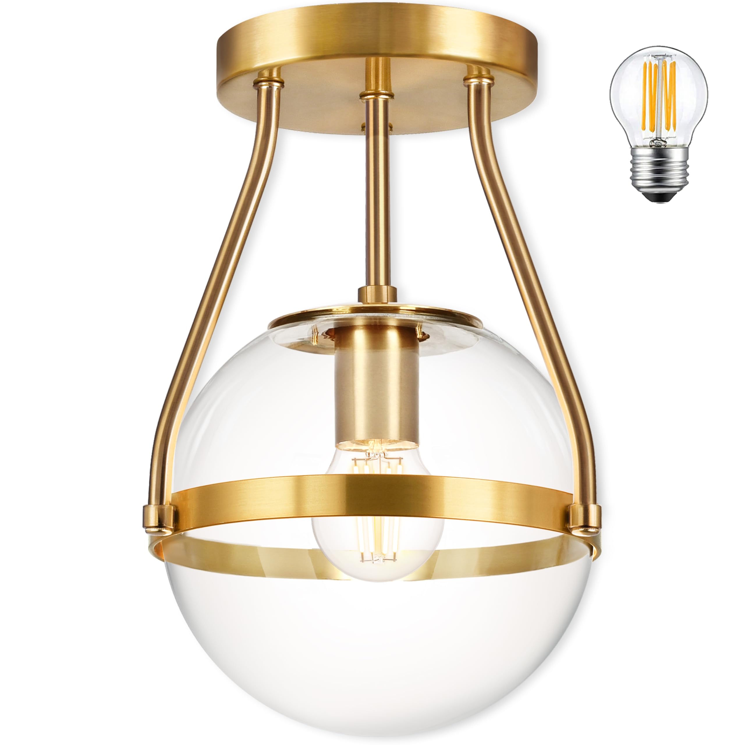 Photo 1 of Bagood 6" Globe Semi Flush Mount Ceiling Light Fixture Modern Gold Semi Flush Mount Ceiling Light Mid Century Ceiling Light with Clear Glass Shade Brass Finish for Hallway Bathroom Foyer (Bulb Incl.)