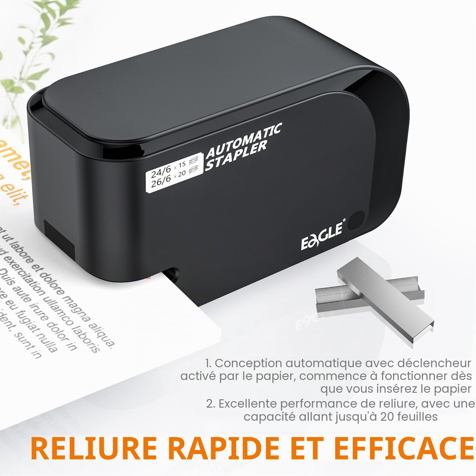 Eagle électrique Stapler-heavy Duty automatique agrafeuse, capacité 20 feuilles, Alimenté par batterie ou secteur, Noir (Adaptateur britannique)