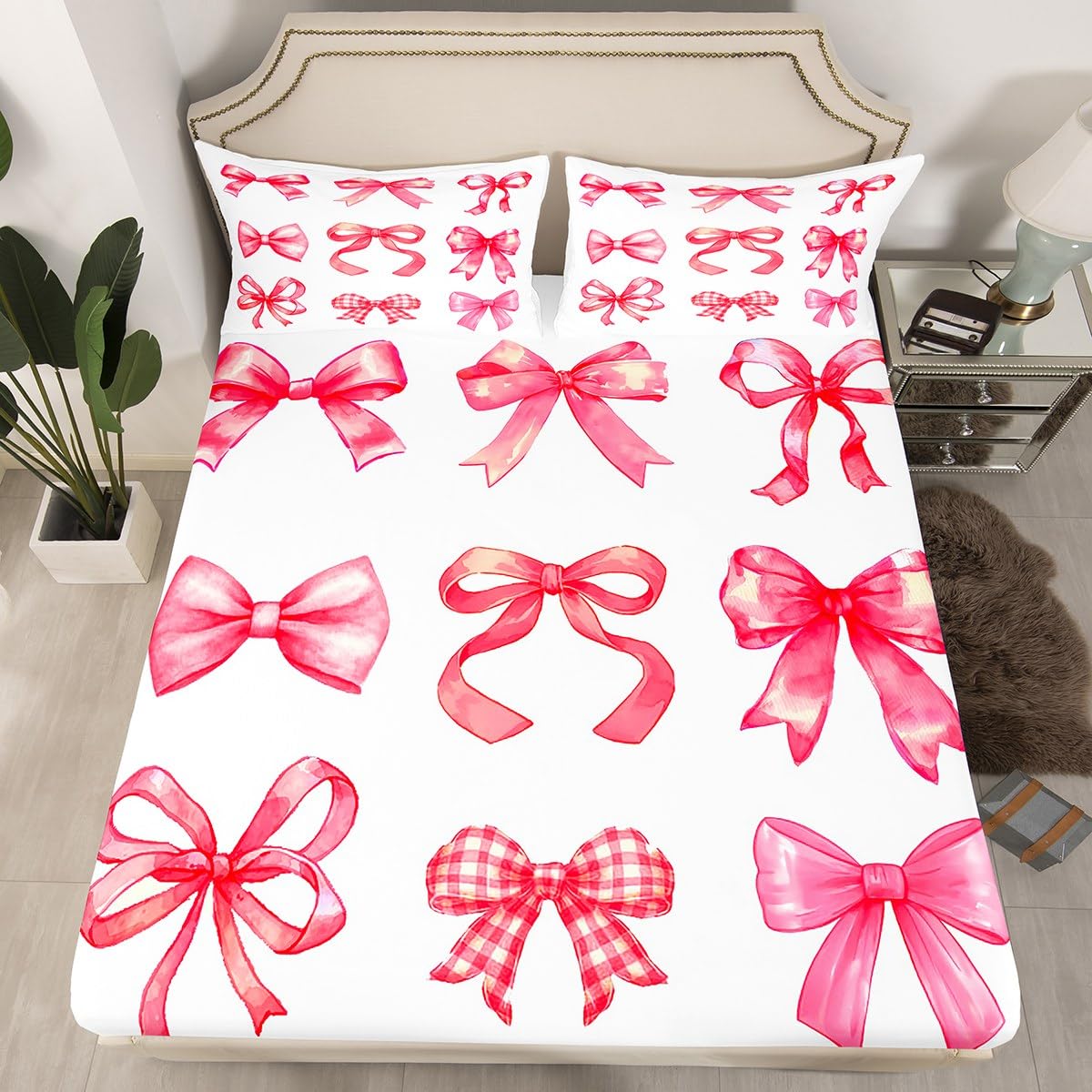 jejeloiu Red Bow Bed Sheets Set for Kids Girls Twin Size Girly Fitted Sheet Ultra Soft Cute Coquette Bow Knot Bedding Set Bowknot Bedding Collection
