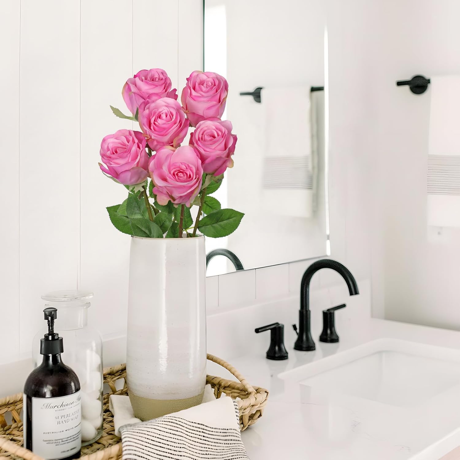 Briful Pink Artificial Roses – 6PCS 18.9" Silk Rose Faux Flowers with Long Stems Realistic Fake Rose Bouquet for DIY Wedding Arrangements Table Vase Centerpieces Home Event Decor - Image 5