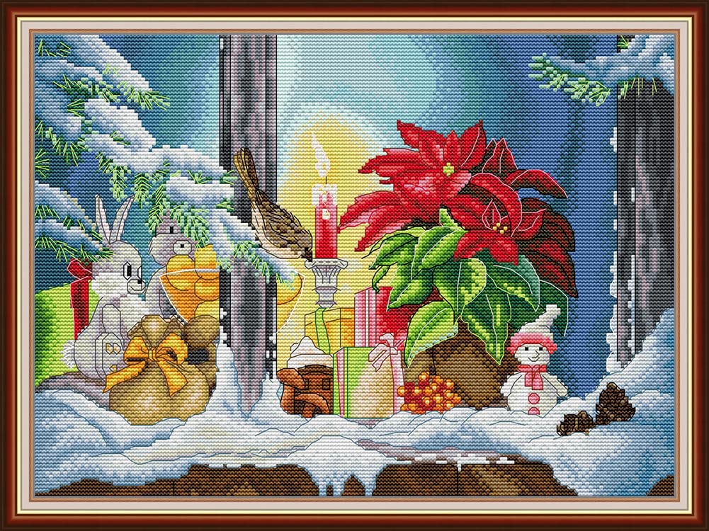 OWN4B Cross Stitch Kits Pre Printed, Bird Outside The Window Stamped Pattern 11CT 20.5x15.4 inch DIY Embroidery Kit (Window) — image 1