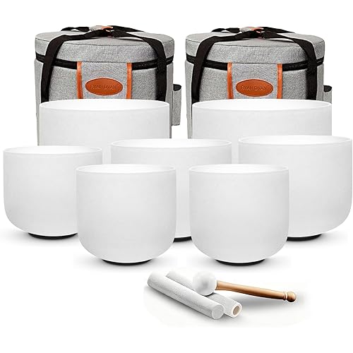 RYAN DVAN 432Hz 7-12 inch Crystal Singing Bowl Set of 7 with Free Carrying Case, Frosted Quartz Sound Bowls for Chakra Healing, Meditation,Yoga,Sound Therapy,Mindfulness,Relaxation & Stress Relief