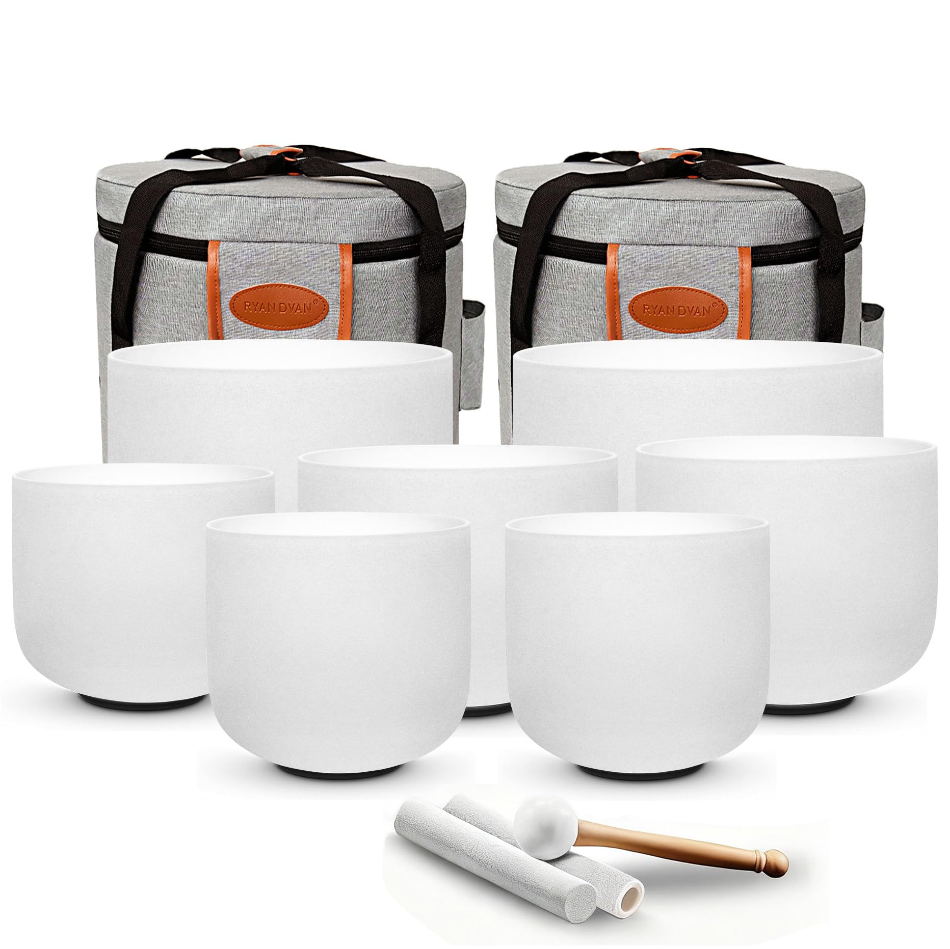 RYAN DVAN 432Hz 7-12 inch Crystal Singing Bowl Set of 7 with Free Carrying Case, Frosted Quartz Sound Bowls for Chakra Healing, Meditation,Yoga,Sound Therapy,Mindfulness,Relaxation & Stress Relief