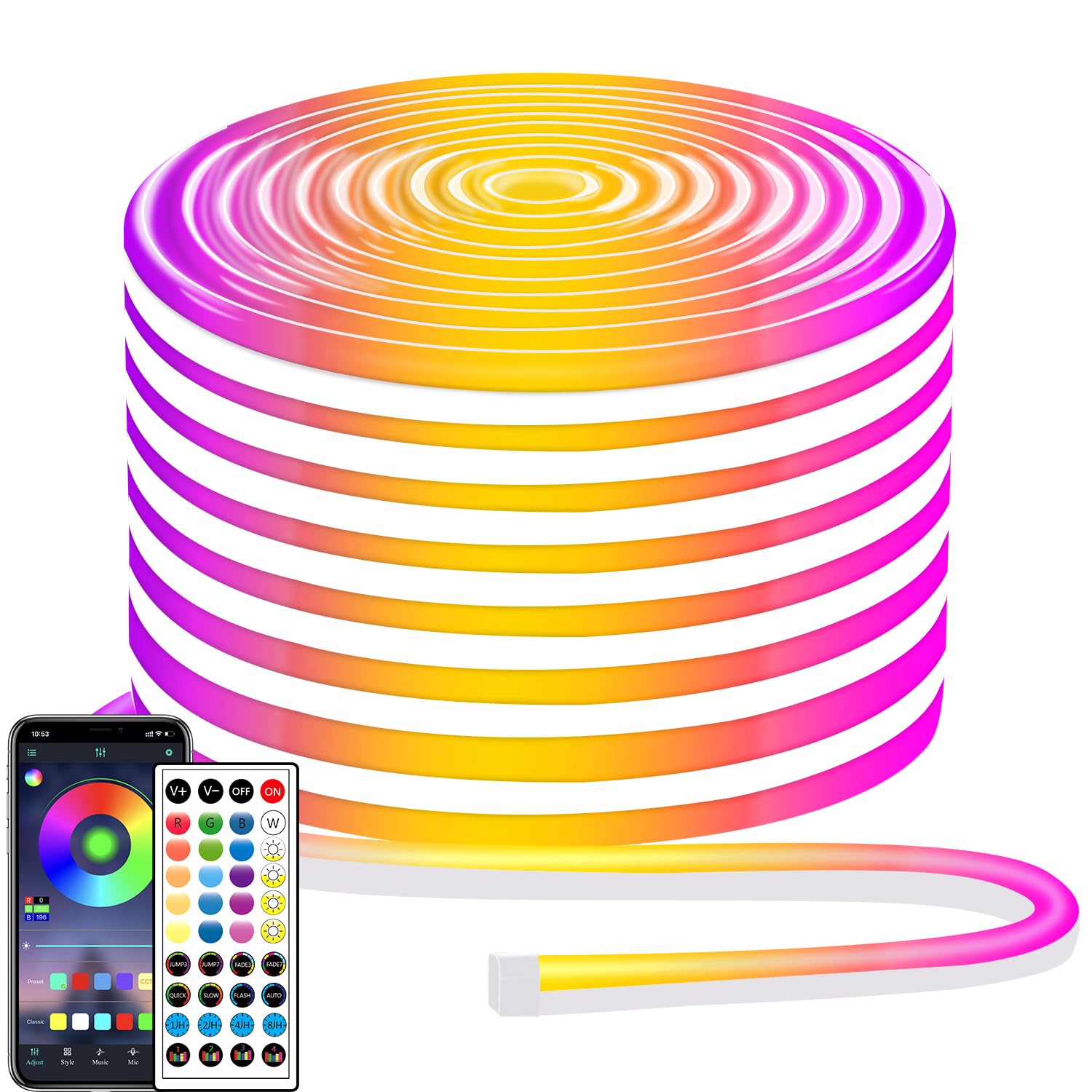 segrass 15M LED Neon Cuerda Control con App/Mando a distancia | Tira de cuerda LED flexible, varios modos, IP65 para exteriores, luces de neón RGB, impermeable, sincronización de música