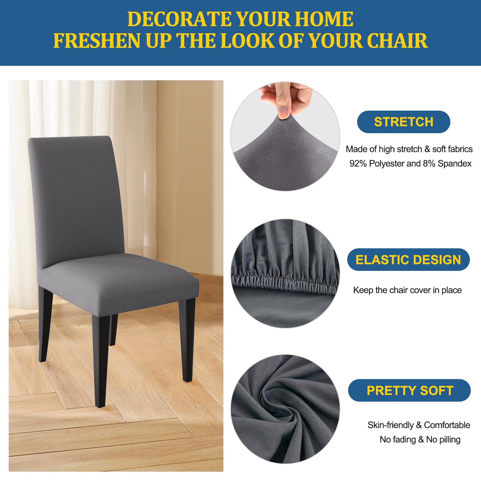 Dioxide Coprisedie con Schienale 6 Pezzi, Copri Sedia da Cucina Grigio Elasticizzati Lavabili Universali Fodere Sedie per Soggiorno, Cucina, Office, Arredamento Ristorante