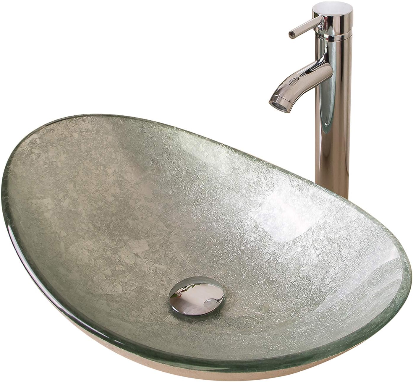 21.7"L × 14.2"W × 6.3"H Tempered Glass Vessel Sink Set – Boat-Shaped Wash Bowl with Chrome Faucet & Pop-Up Drain Stopper