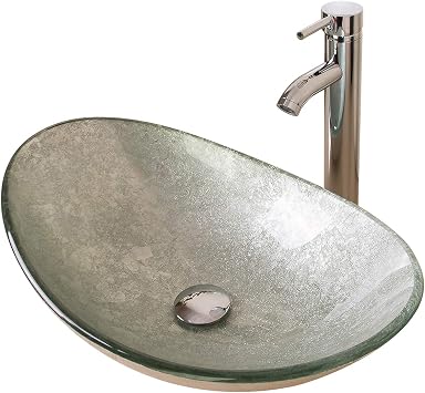 21.7"L 14.2"W 6.3"H Tempered Glass Vessel Sink Set Boat-Shaped Wash Bowl with Chrome Faucet & Pop-Up Drain Stopper