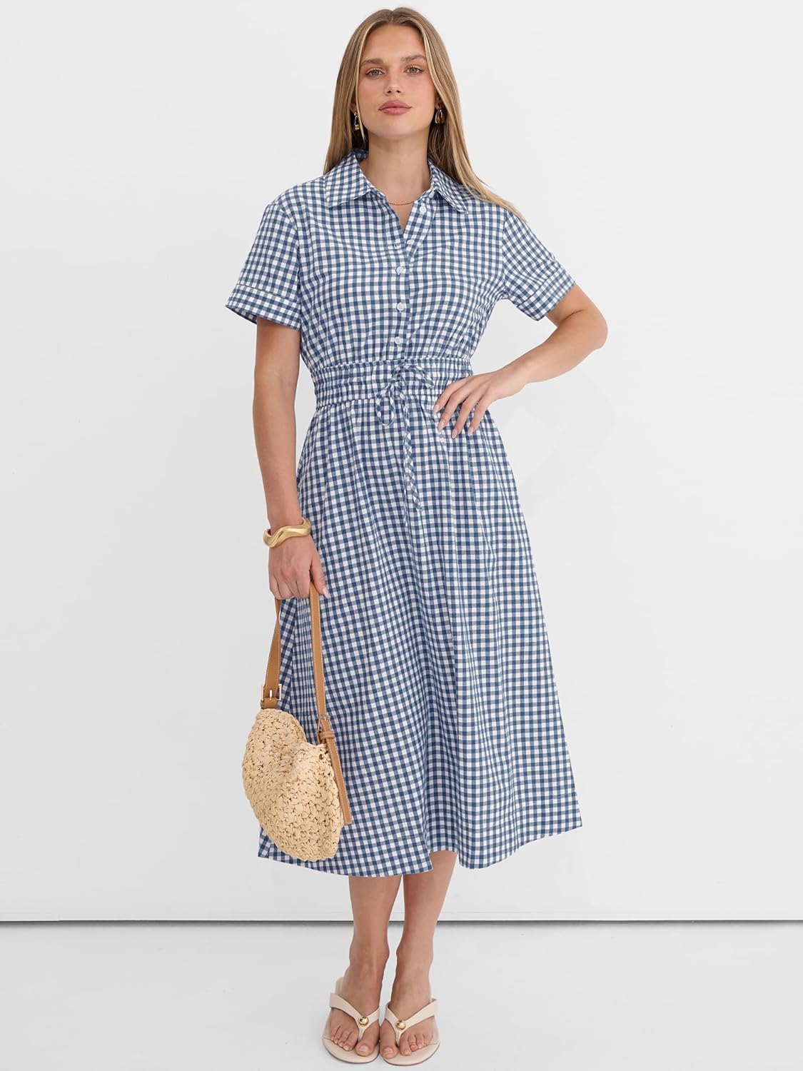 ANRABESS Womens Summer Midi Dress Short Sleeve Striped Plaid Button Collar Shirt Dresses 2026 Casual Beach Vacation Clothes - Image 6